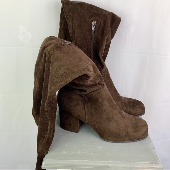 Tall Sueded Brown Block Heel Over The Knee Boots - Picture 8 of 16